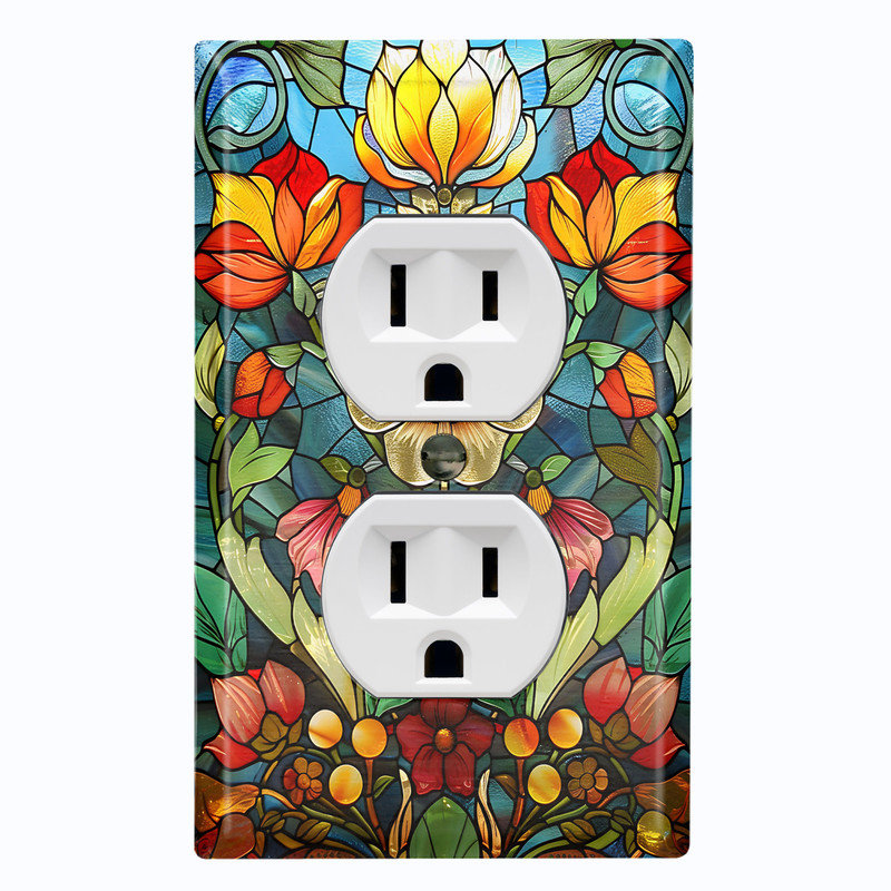 Couvercle de plaque d'interrupteur en métal; Rectangle 1 US standard - Image imprimée de fleurs en verre coloré