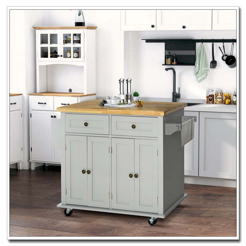 Kitchen Island on Wheels with Rubberwood Top, Gray