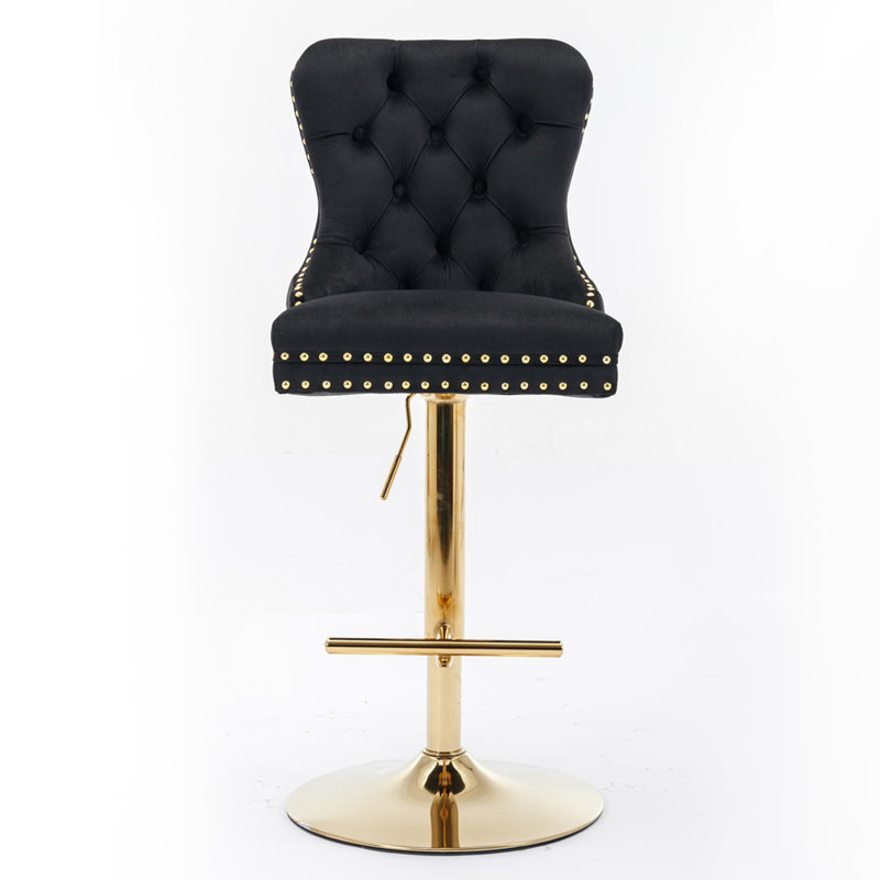 Tabourets de bar pivotants en velours avec hauteur de siège réglable, Noir, Doré