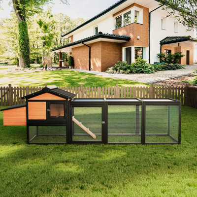 Grand poulailler et cage extérieure, cage à volaille en bois avec nichoir, toit imperméable, rampe d'accès, plateau coulissant noir et brun, lapin en bois de sapin massif, porte coulissante spacieuse au design facile