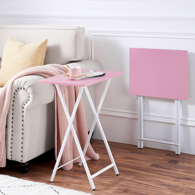 Folding Side Table with Cup Holder, Industrial Side Table for Living Room, Bedroom, Pink/White