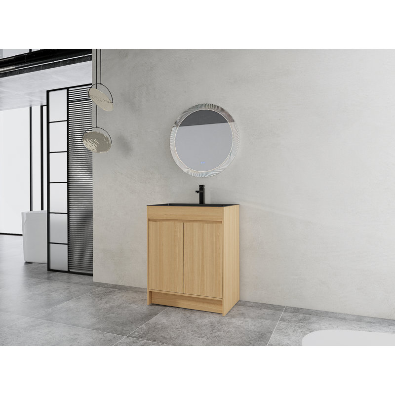 Meuble-lavabo autoportant avec lavabo en acier inoxydable et drain flexible, porte à fermeture en douceur