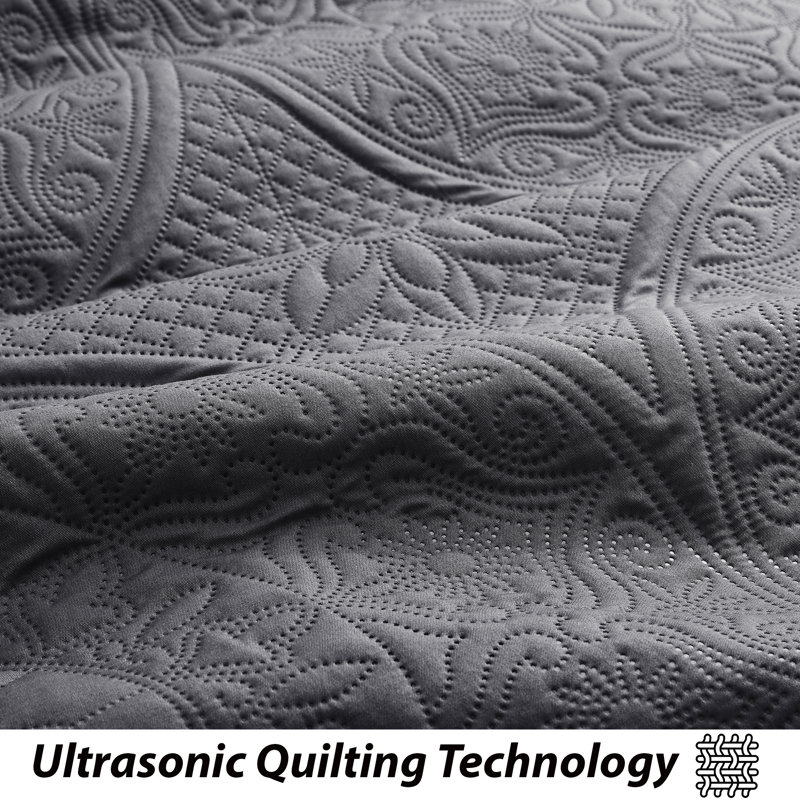 Floral Embossed Microfiber Quilted Bedspread Set, Twin Coverlet/Bedspread + 1 Standard Pillowcase, Charcoal