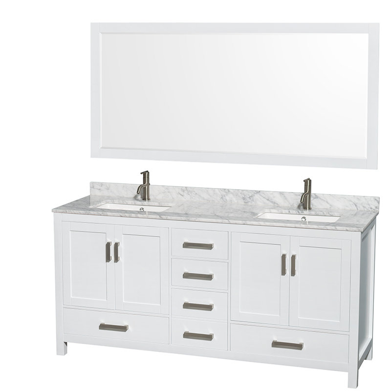 Meuble-lavabo double autoportant 72 po avec plateau en marbre Sheffield, Marbre de Carrare blanc, Blanc, Simple