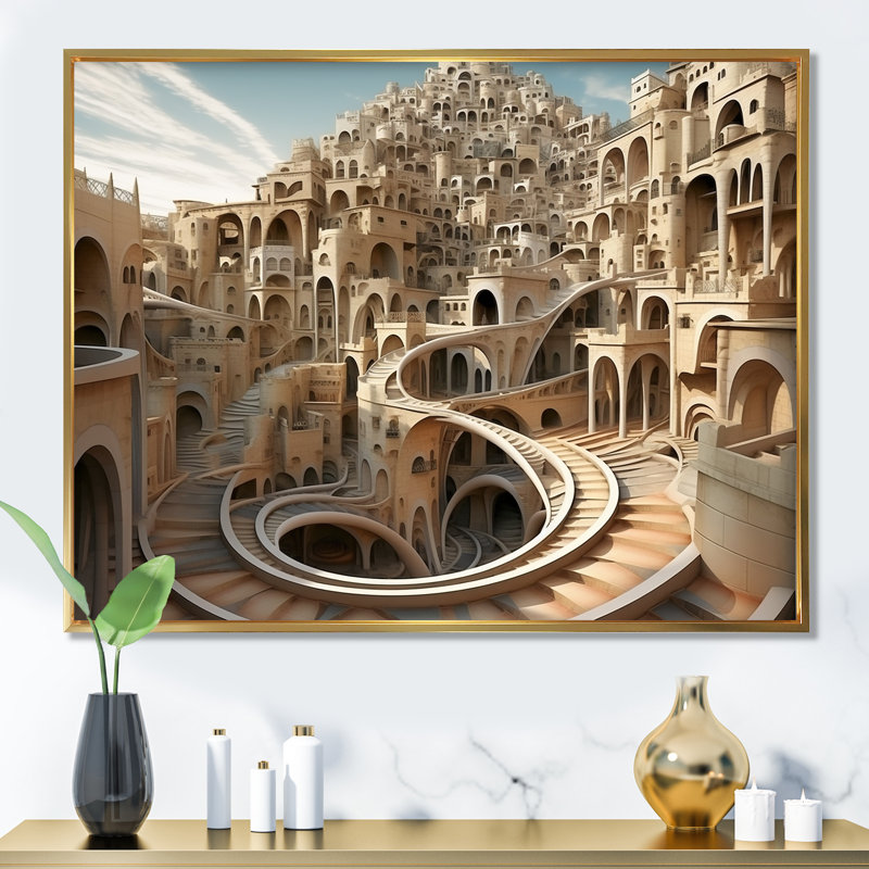 Dreamscape surréaliste fractal fantaisie VI - art mural surréalisme, Cadre flottant doré, H 30 po x l 40 po x P 1,5 po