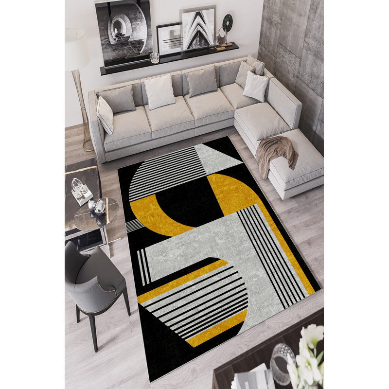 Premium Black Area Rug (5.9 x 9.2 ft), 100% Polyester, 650 g/m² | 4 mm Pile Height, Antibacterial, Eco-Friendly, Non-Slip PVC Dot Backing | Machine Washable, Digital Print Design | Ideal for Living Room & Bedroom Decor