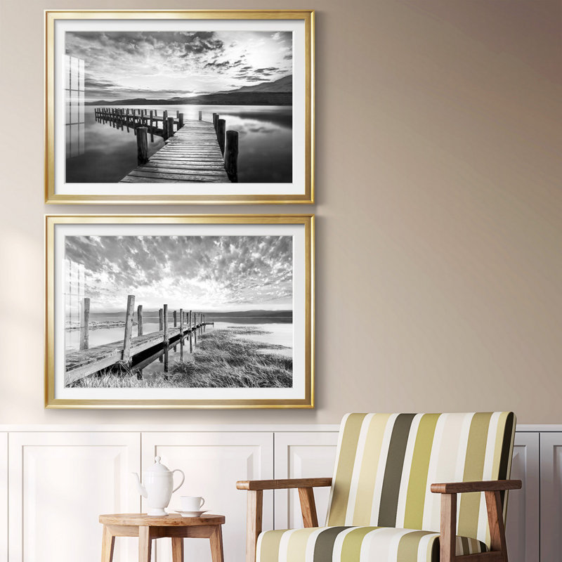 Evening Dock - Ensemble de 2 reproductions d'art sur toile encadrées, H 18,5 po x l 49 po x P 1,5 po, Or, Pas de tapis