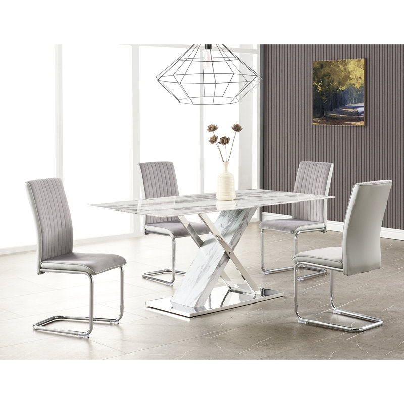Table de salle à manger élégante avec surface en faux marbre et base en acier inoxydable, style croix, 6 pièces, assemblage requis