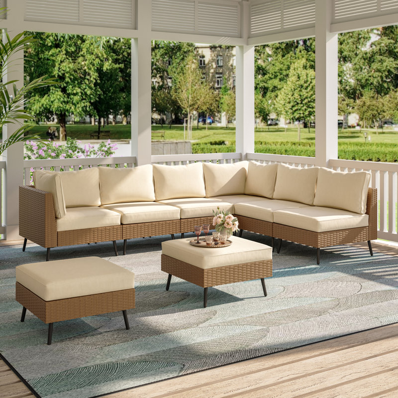 8 Pieces Sectional Seating Group With Cushions, White Cushion/Brown Frame