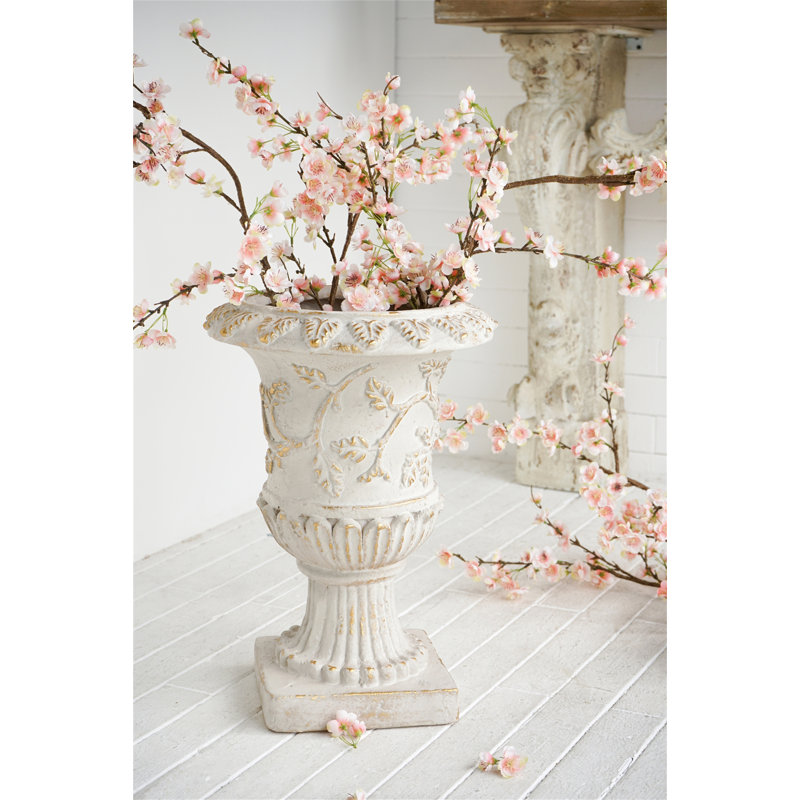 14X14x20.3" Ornate Magnesium Urn Planter With Distressed White Finish And Carved Details