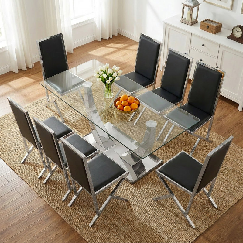 Ensemble de salle à manger 9 pièces Rita, 9 Pieces: Table, 8 Chairs, Black/Gold, Gold