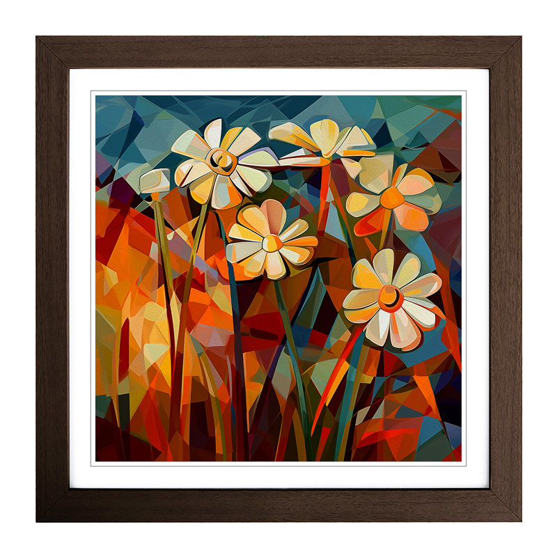 Wildflowers Cubism No.3 - Single Picture Frame Print on Wood, Walnut