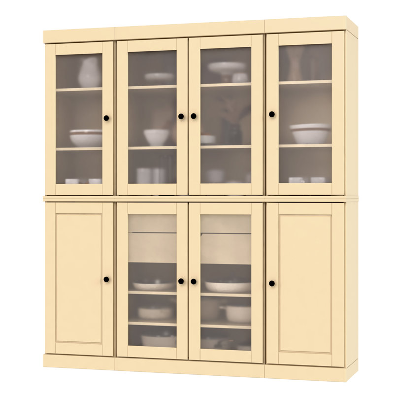 Vaisselier 100% bois massif 65 "avec portes en verre givré massif, 2 tiroirs et tablettes réglables, Jaune