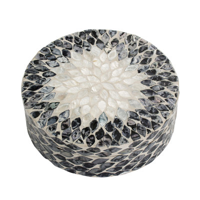 Decorative Box, 10 Inch Round White, Black Mother of Pearl Inlay, Capiz