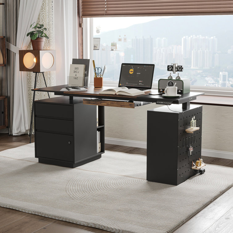 63'' W 3-Drawer Lift Computer Desk Office Desk (30'' H To 45'' H) With Fingerprint Lock And Holey Board
