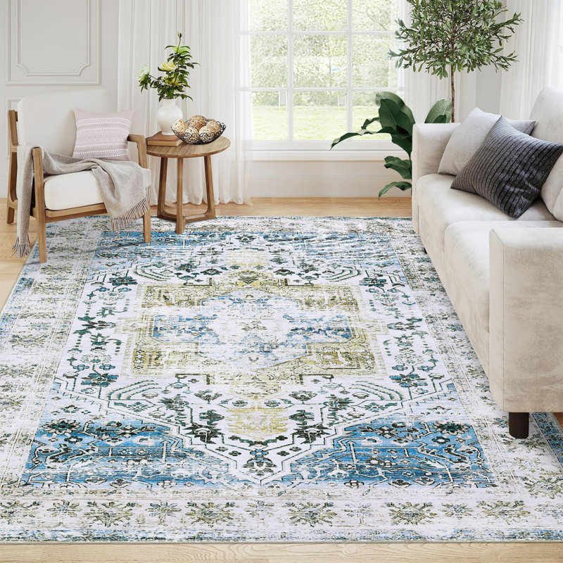 Area RugRugs for Living RoomNon Slip Stain Resistant Kitchen RugVintage Distressed Accent Rug Floor Cover for Bedroom, Blue