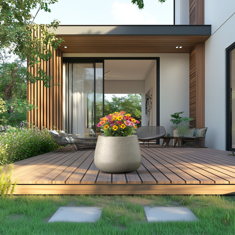 Petit pot à fleurs / pot rond en béton avec trous de drainage, Gris clair, H 17,32 po x l 21,26 po x P 21,26 po