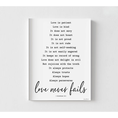 «Love Never Fails» par Penny Lane, idée de cadeau de mariage, décoration murale de nouveaux mariés, idée de cadeau de pendaison de crémaillère bliblique, 1 Corinthiens 13, impression