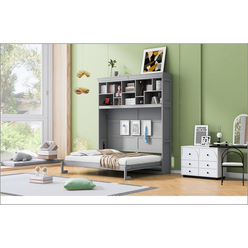 Grand lit escamotable mural avec tablettes supérieures et USB, gris, Gris