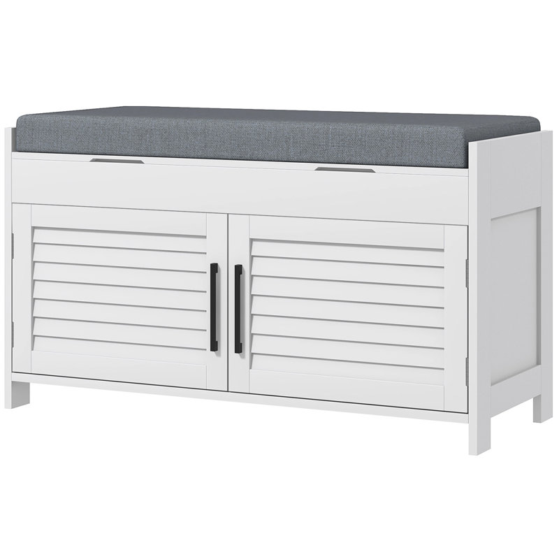 White Shoe Bench With Hidden Compartments, Cushion Seat, Adjustable Shelves, Shutter Doors For Hallway, 352 Lbs Max Weight Capacity Entryway Rack Storage, Cushion, Doors, Hallway