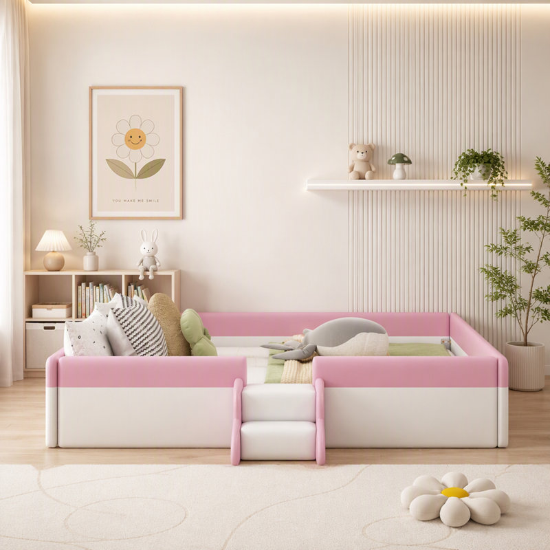 Lit de jour rembourré Queen Size, Grand lit, Rose et blanc
