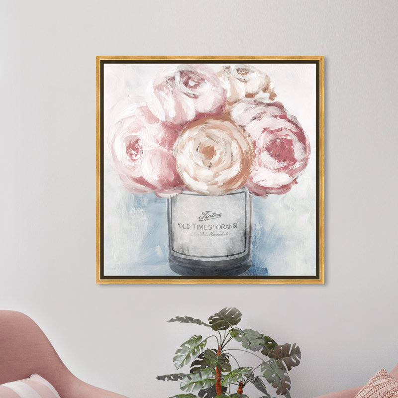 Peony Orange Jam Florals - Peinture sur toile, Cadre doré, H 20 po x l 20 po
