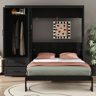 Murphy Bed with Drawers, Upholstered Headboard and Wardrobe for Bedroom, Guest Room, Home Office