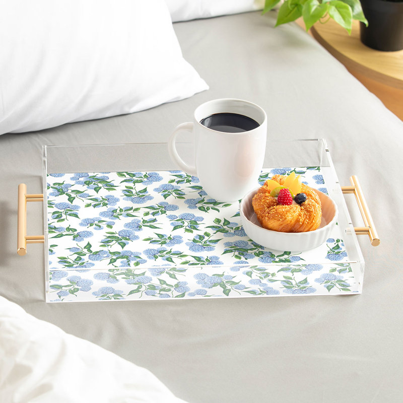 Plateau en acrylique avec fleurs bleues et hortensias ChrissyInk