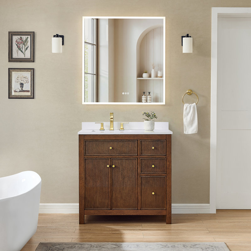 Pendry 36" Freestanding Single Bathroom Vanity with Quartz Top, Brushed Nickel, Giotto Quartz, Tanned Oak