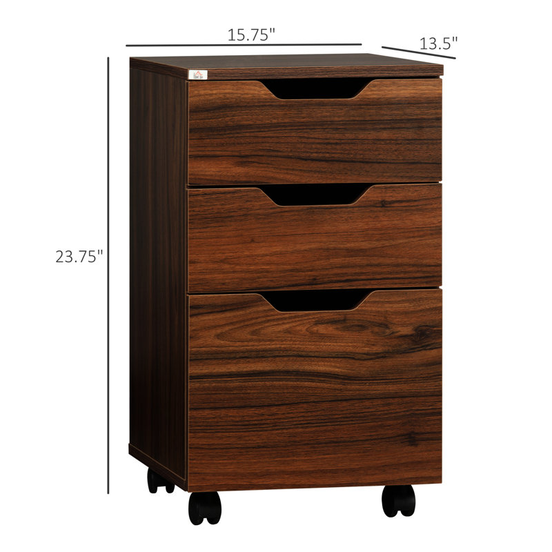 3 Drawer Rolling Cabinet For Office, , Brown Wood Grain, Office Storage Solution With Cabinet, Drawers, Wheels, Grain