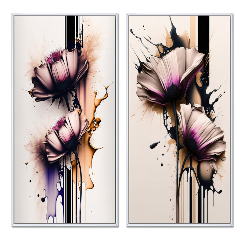 «Fleur de marguerite rose sur une fusion abstraite I», 2 pièces sur toile, Cadre blanc, H 20 po x l 24 po