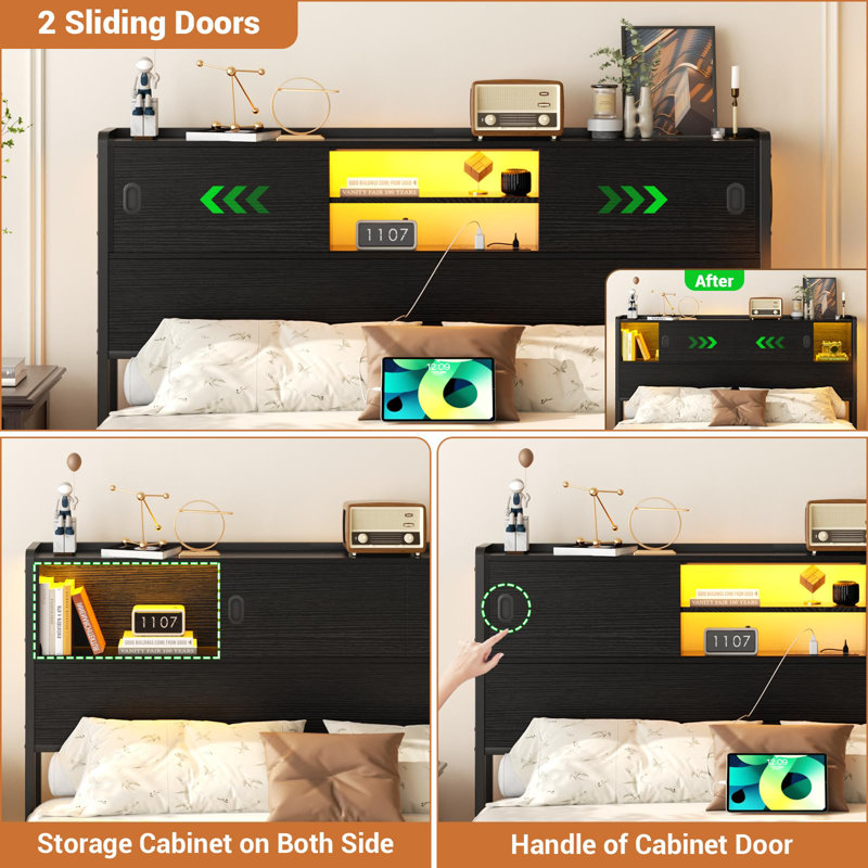 Bookcase Headboard With Sliding Door, LED Light And Charging Station, Queen