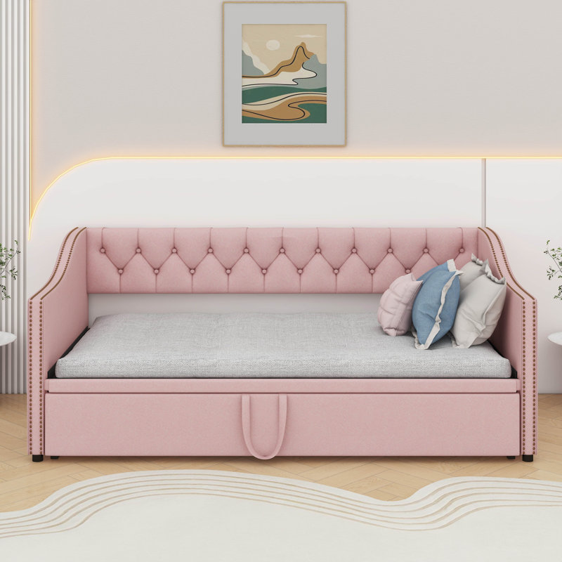 Lit de jour simple tapissier avec couchette escamotable, Rose