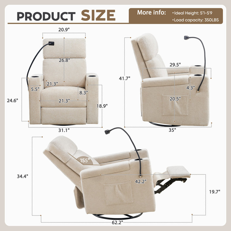 Power Recliner Chair, Swivel Reclining Nursery Rockers For Baby Room & Living Room With Chenille, Phone Holder, USB/Type-C Ports, Arm Storage, Light Brown