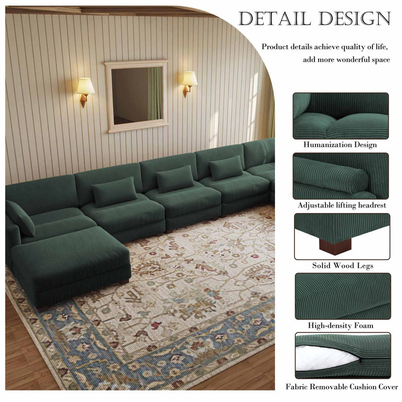 Canapé modulaire rembourré en velours côtelé vert 7 pièces avec dossier coussiné et repose-pieds amovible Maelina