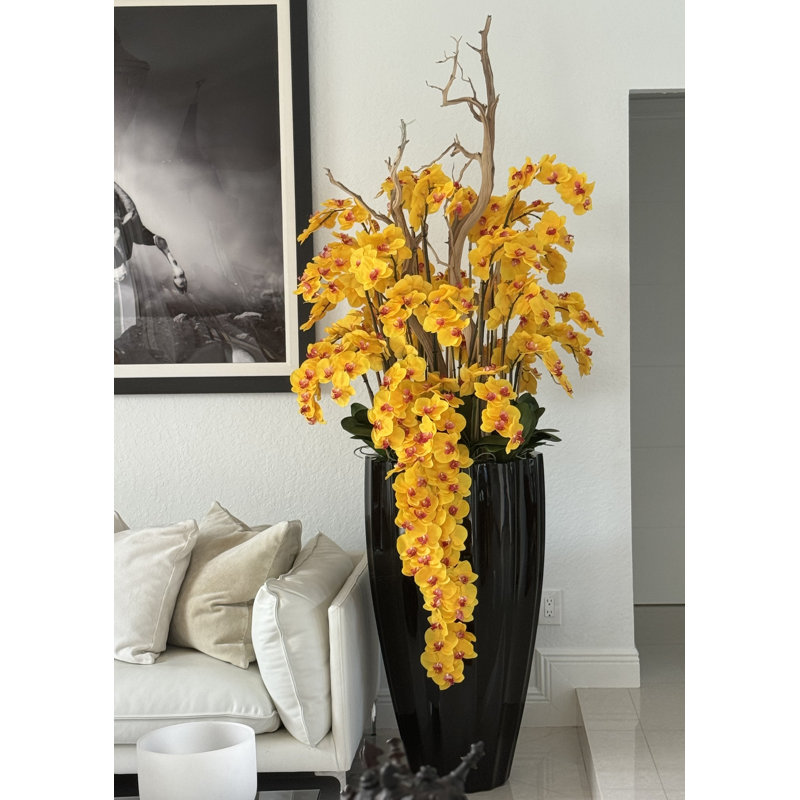 San Jose Planter In Glossy With Cascading Orchids, Yellow, Black