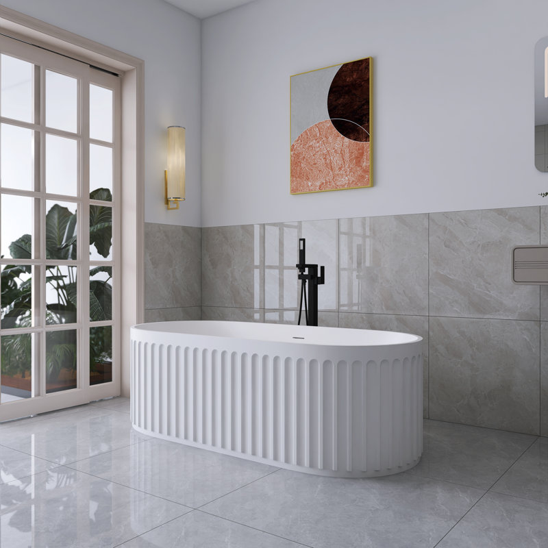 67'' Solid Surface Freestanding Soaking Bathtub In  White