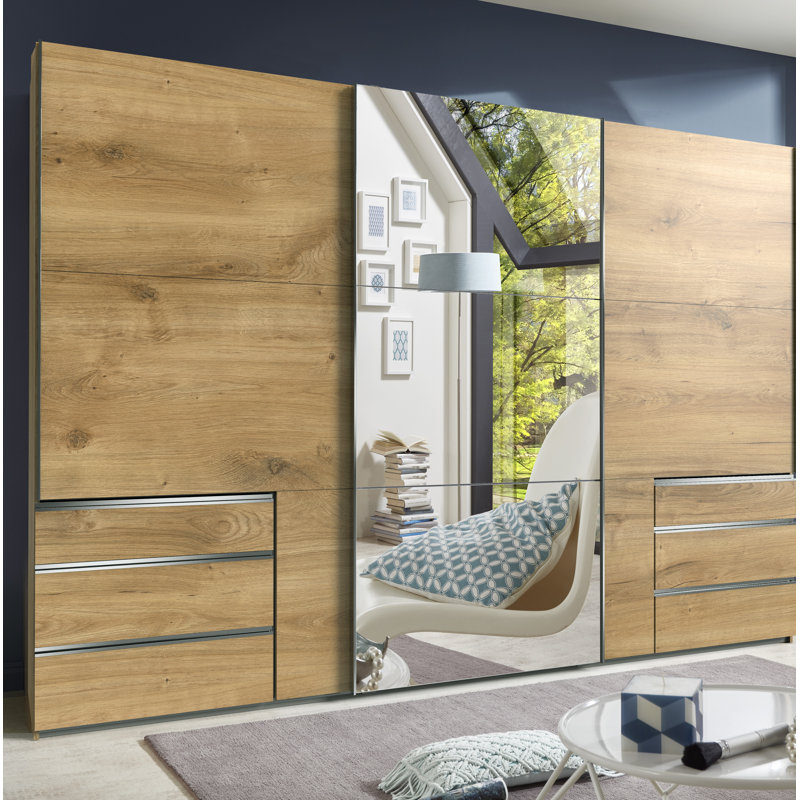 Barbuda 3 Door Manufactured Wood Wardrobe, 216cm H x 300cm W x 65cm D, Beige/Clear