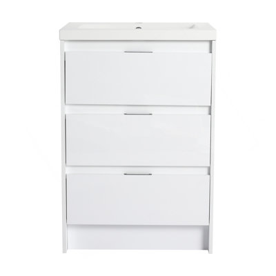 Armoire de salle de bain autoportante 24 po avec lavabo en résine, 3 tiroirs à fermeture en douceur, blanc brillant (emballage KD)