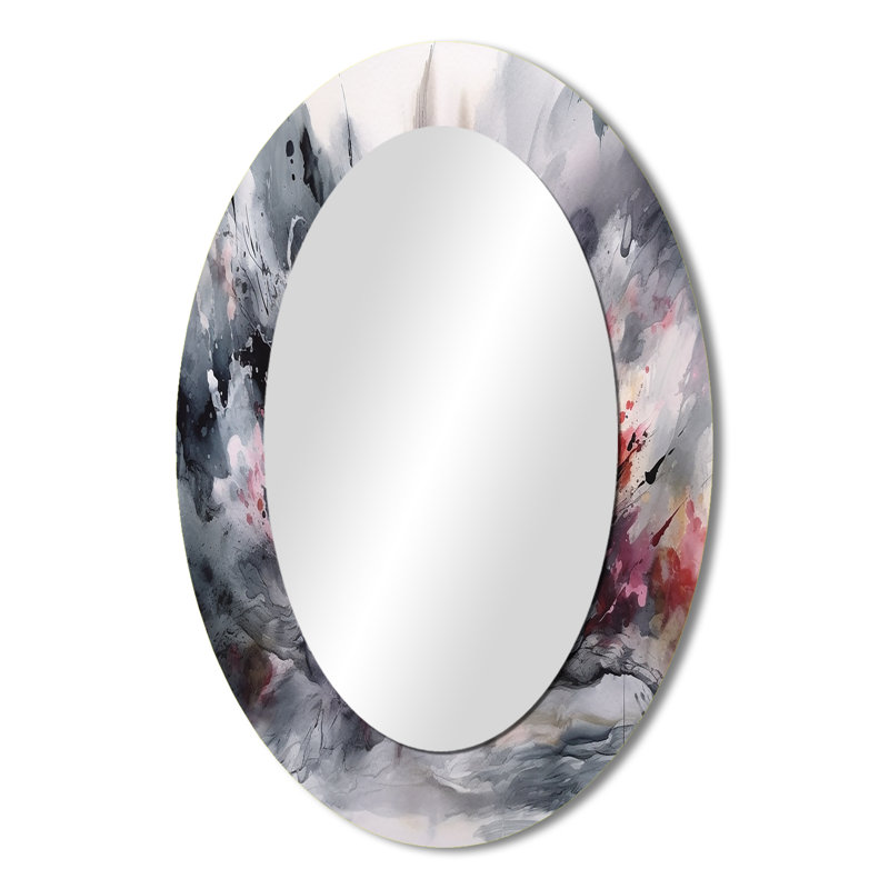 Evolving In Pink Grey Gray Ink II - Miroir décoratif abstrait ovale sur métal, 36 po x 24 po