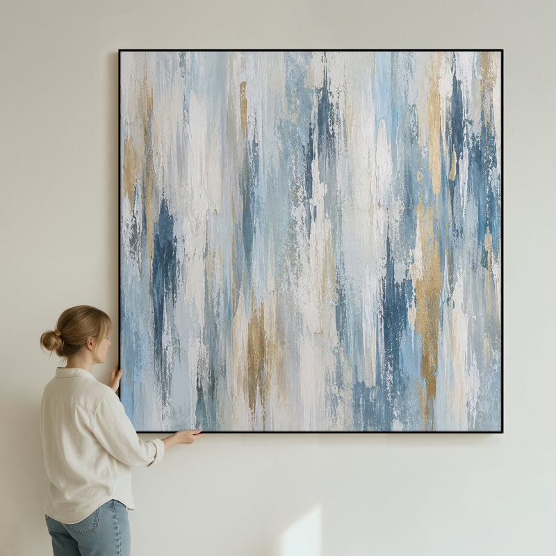 Très grand art mural imprimé sur tissu - Lignes abstraites bleues, décor de bureau contemporain - "Assemblage requis (cadre non fini)"