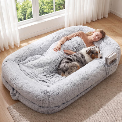 76" Extra Large Human Size Dog Bed for Adults, Plush Long Fur Orthopedic Dog Bed with Removable Cover, Light Grey
