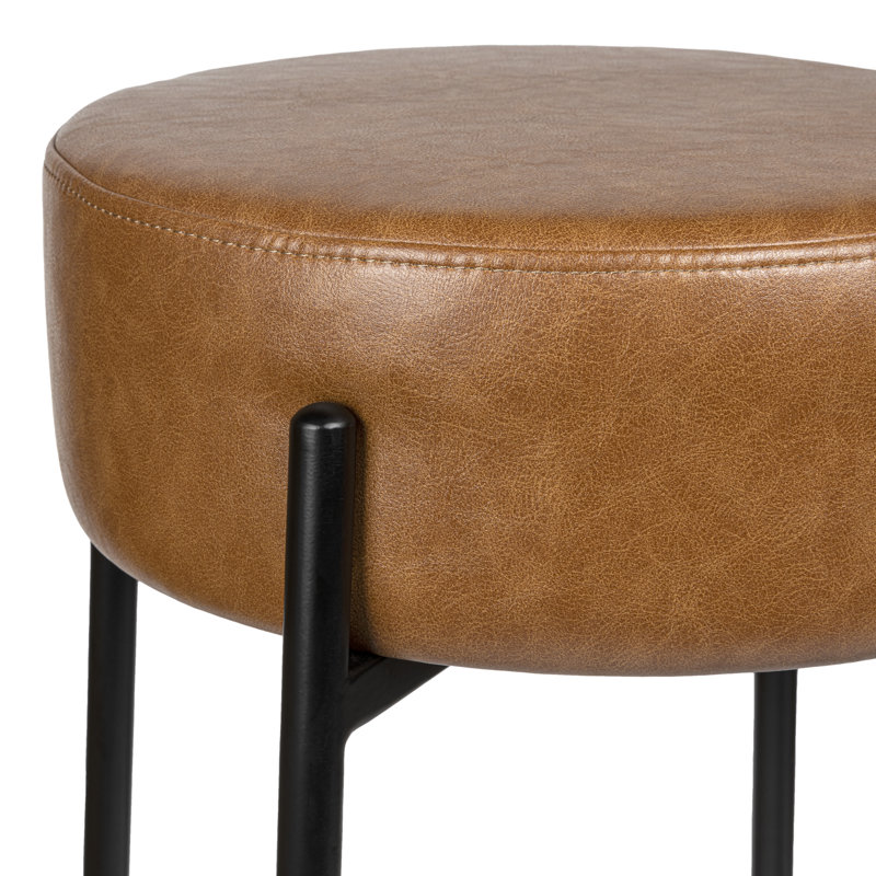 Paola 30" Industrial Round Backless Bar Stool, Caramel Brown Vegan Leather Seat and Black Metal Frame for Kitchen Island or Home Bar