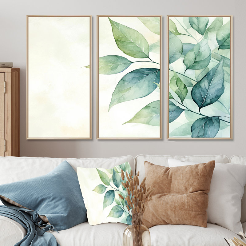 «Minimalist Green Botanical Plants I - Leaves», ensemble de reproduction d'art mural, H 32 po x l 48 po, Naturel