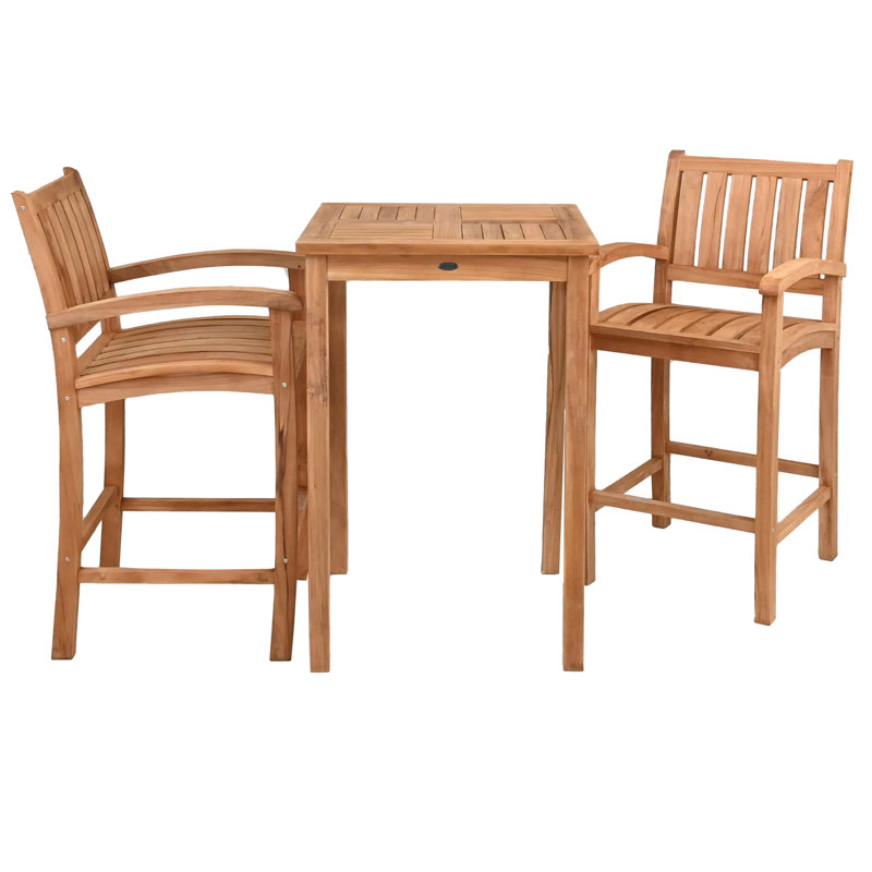 Teak Wood Bar Set Including Square Bistro Bar Table And Abacho Barstools With Arms, 43" H x 27" L x 27" W, 2