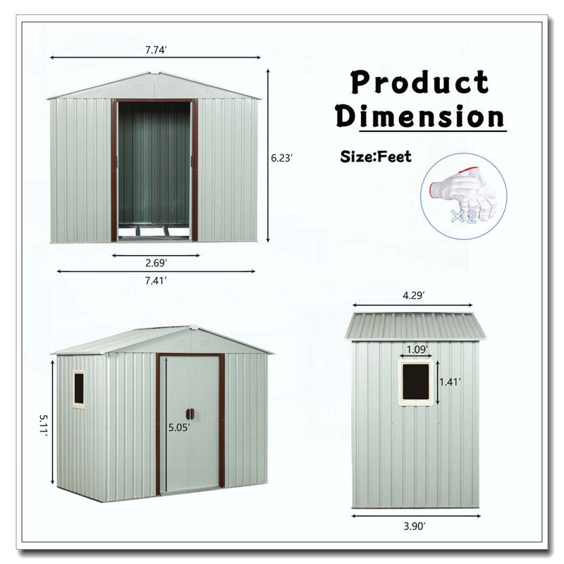 8ft x 4ft Outdoor Metal Storage Shed With window and metal foundation White, White, 74.8" H x 46.85" W x 88.98" D