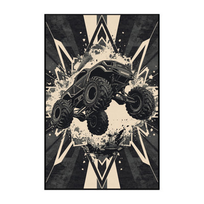 Machine Washable Yonkers Monster Truck Jump Bold & Eclectic Modern Geometric Rug in Gray – Black Binding