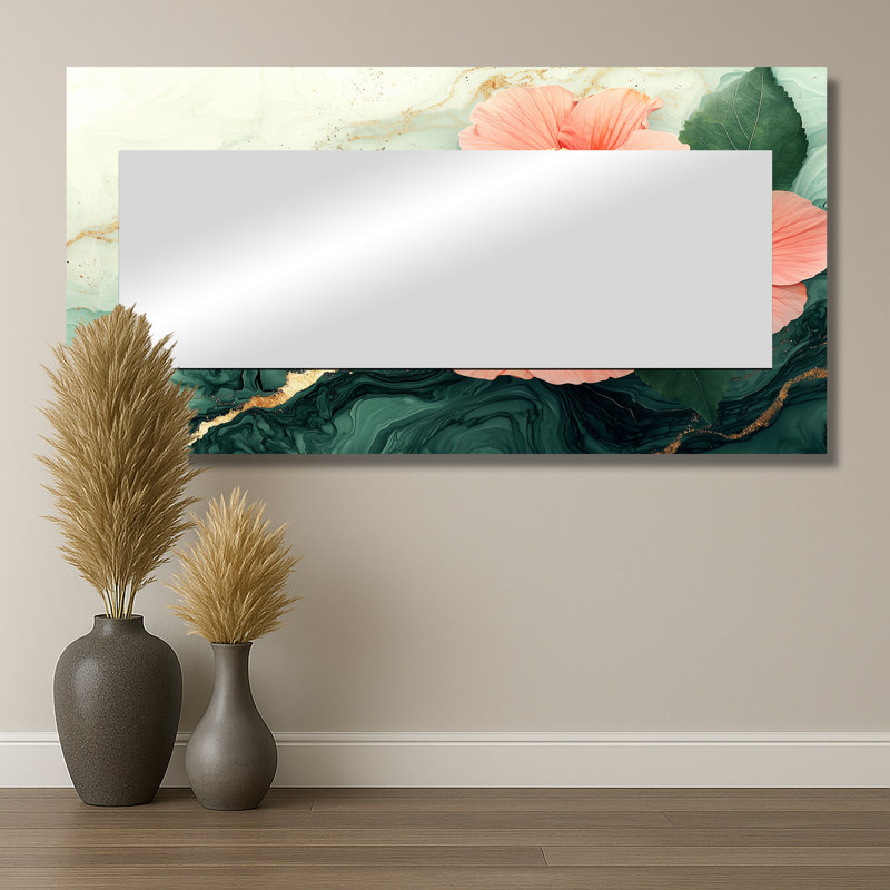 Fleurs d'hibiscus champ sur une pierre émeraude II - miroir floral pour décoration murale - imprimé sur métal, 28 po x 55 po
