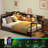 Twin Corner Bed Frame With Desk, 2 Drawers and Storage Bookcase, Metal Platform Bed With Charging Station and Led Lights, Twin Daybed With Upholstered Headboard
