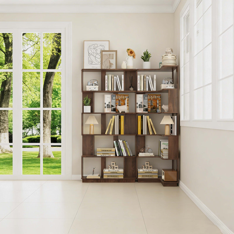 Set of 2 free combination bookcase space saving corner bookshelf 55cm plus 80cm length dark brown color and other 4 colors for option, 2 bookcases group L shaped bookcase x 1 + I shaped bookcase x 1